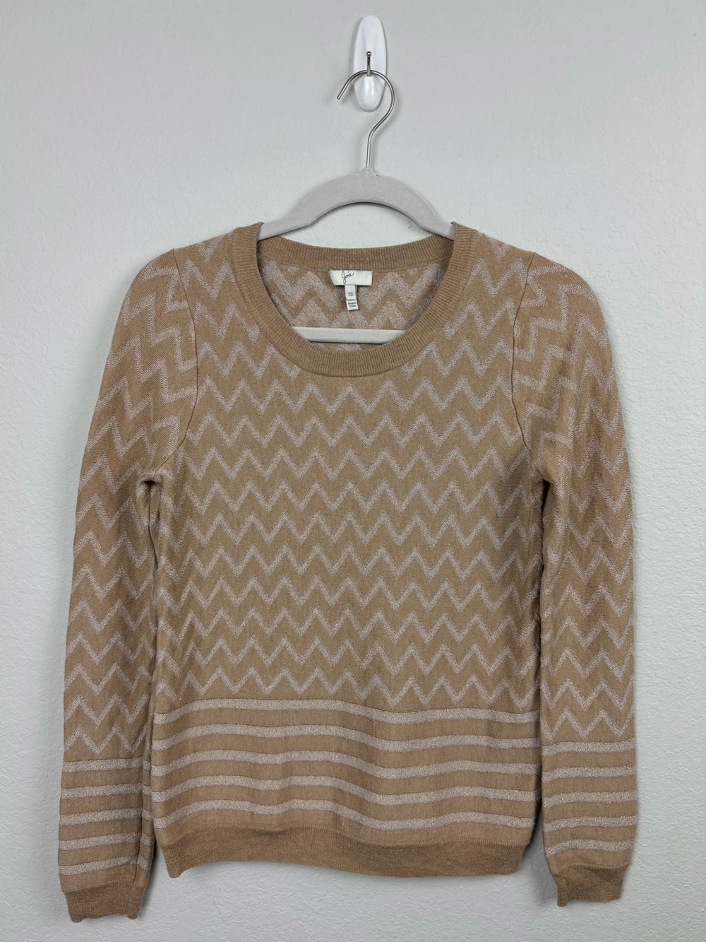 Joie Hideaki Tan Metallic Chevron Zig Zag Cashmere Wool Sweater Size XS Preppy